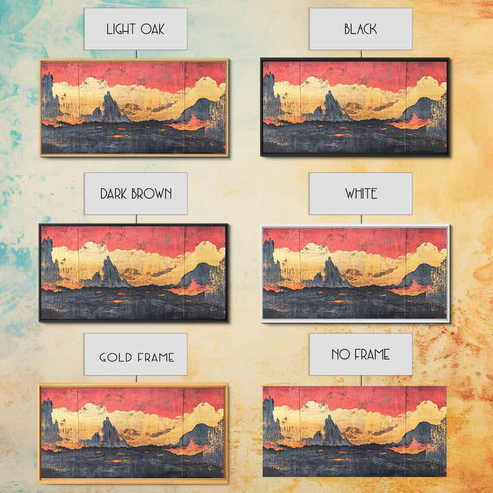 Red Sunset Clouds Over Dark Mountains Wall Art, Japanese Landscape Canvas Print, Moody Rustic Living Room Decor Gift For Him