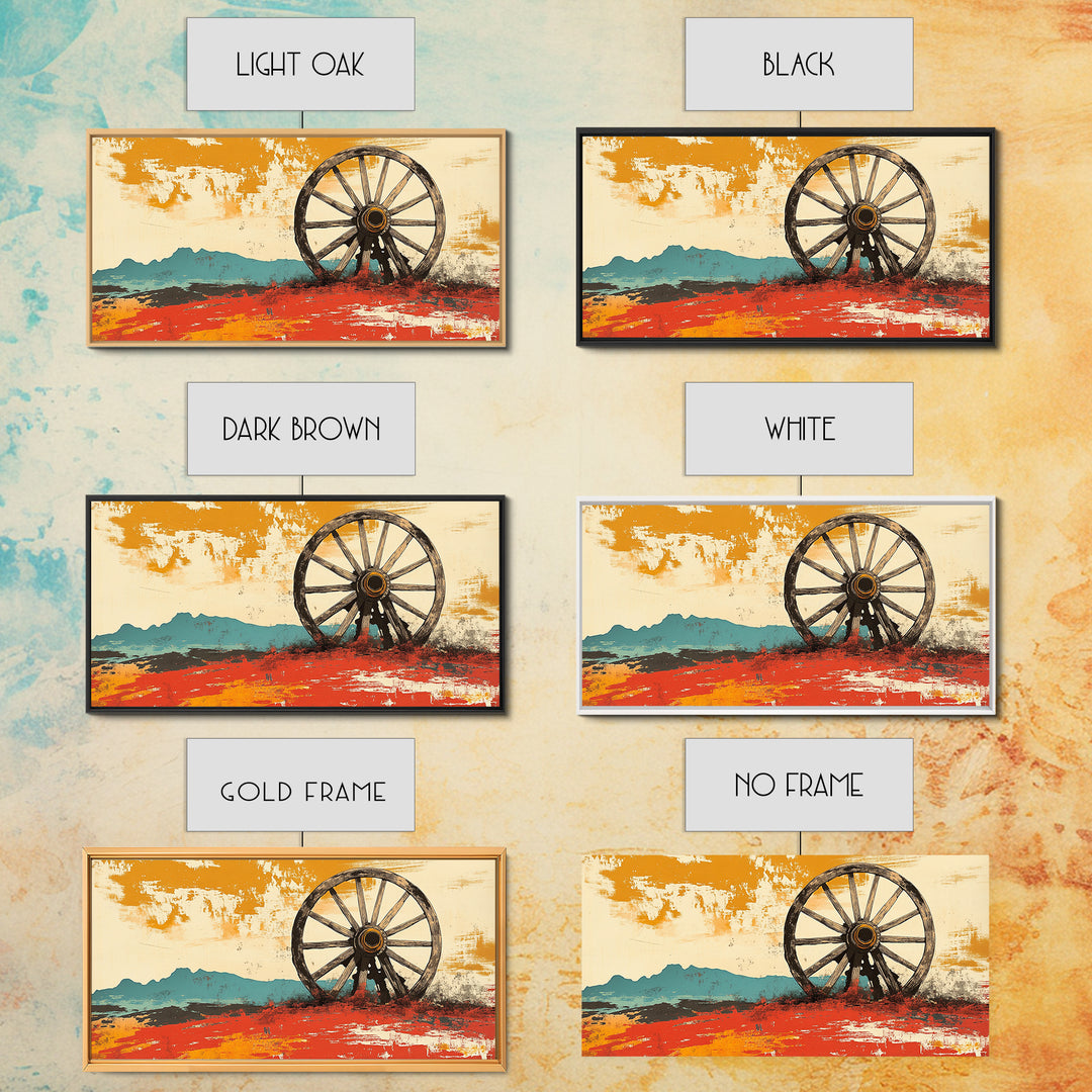 Rustic Wagon Wheel Desert Landscape Wall Art, Western Canvas Print, Southwestern Decor, Ranch House Living Room Art, Above Sofa Decor