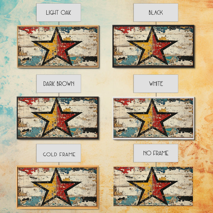Distressed Red Yellow Star Wall Art, Rustic Americana Canvas Print, Farmhouse Wall Decor, Game Room Decor, Unique Gift For Him