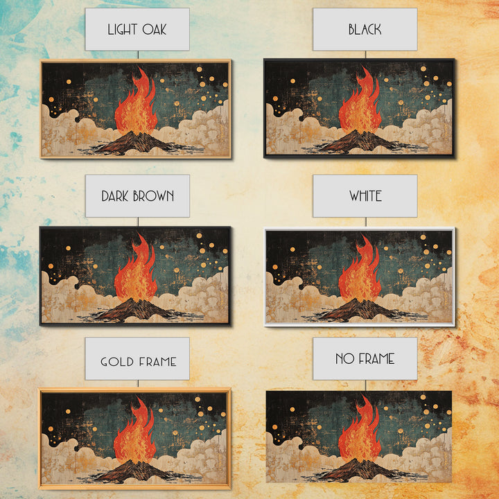 Blazing Campfire Under Moonlit Sky Wall Art, Dark Folk Art Print, Celestial Boho Decor, Rustic Cabin Lodge Home Decor Framed Canvas