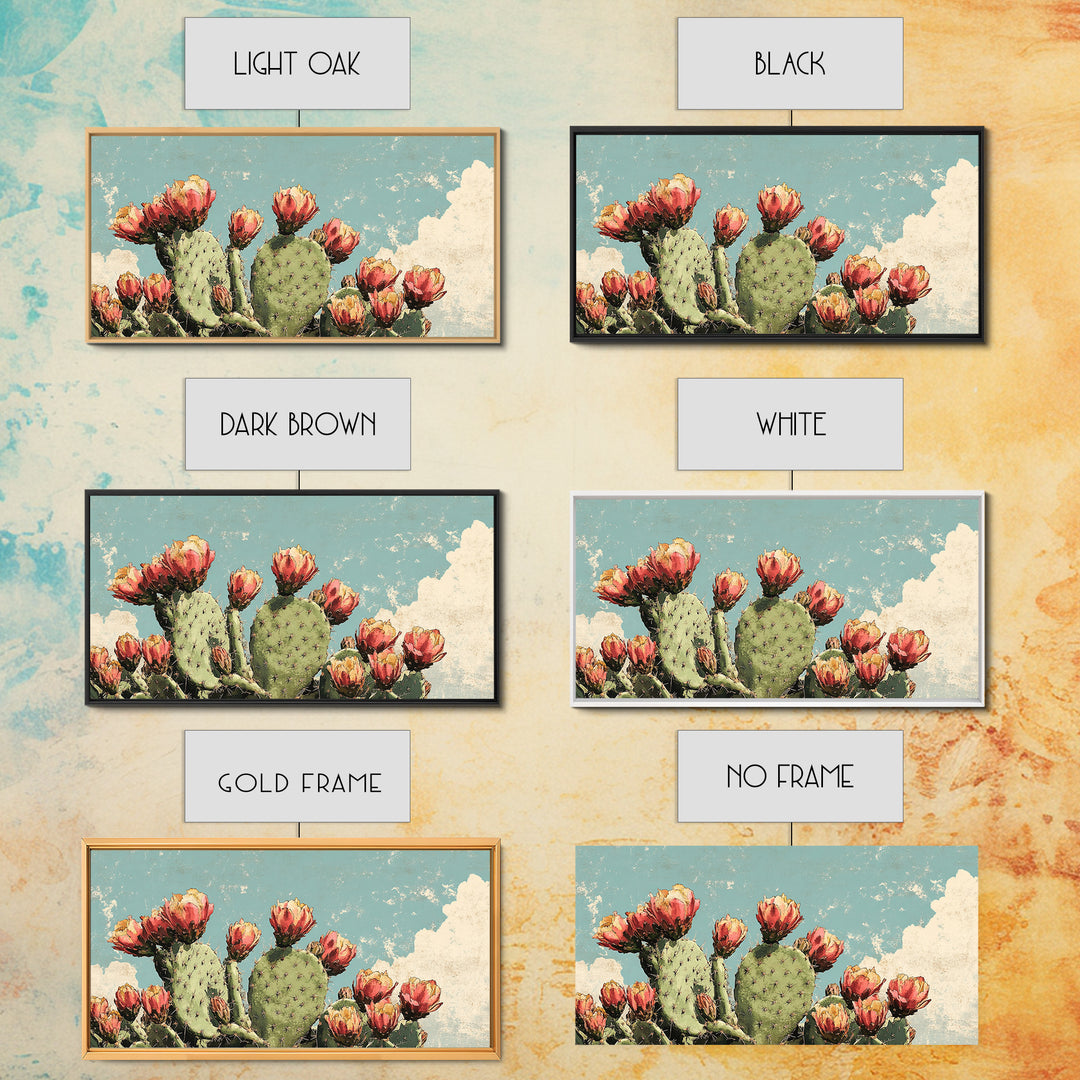 Blooming Prickly Pear Cactus Wall Art, Desert Botanical Canvas Decor, Southwestern Floral Print For Bedroom Or Living Room