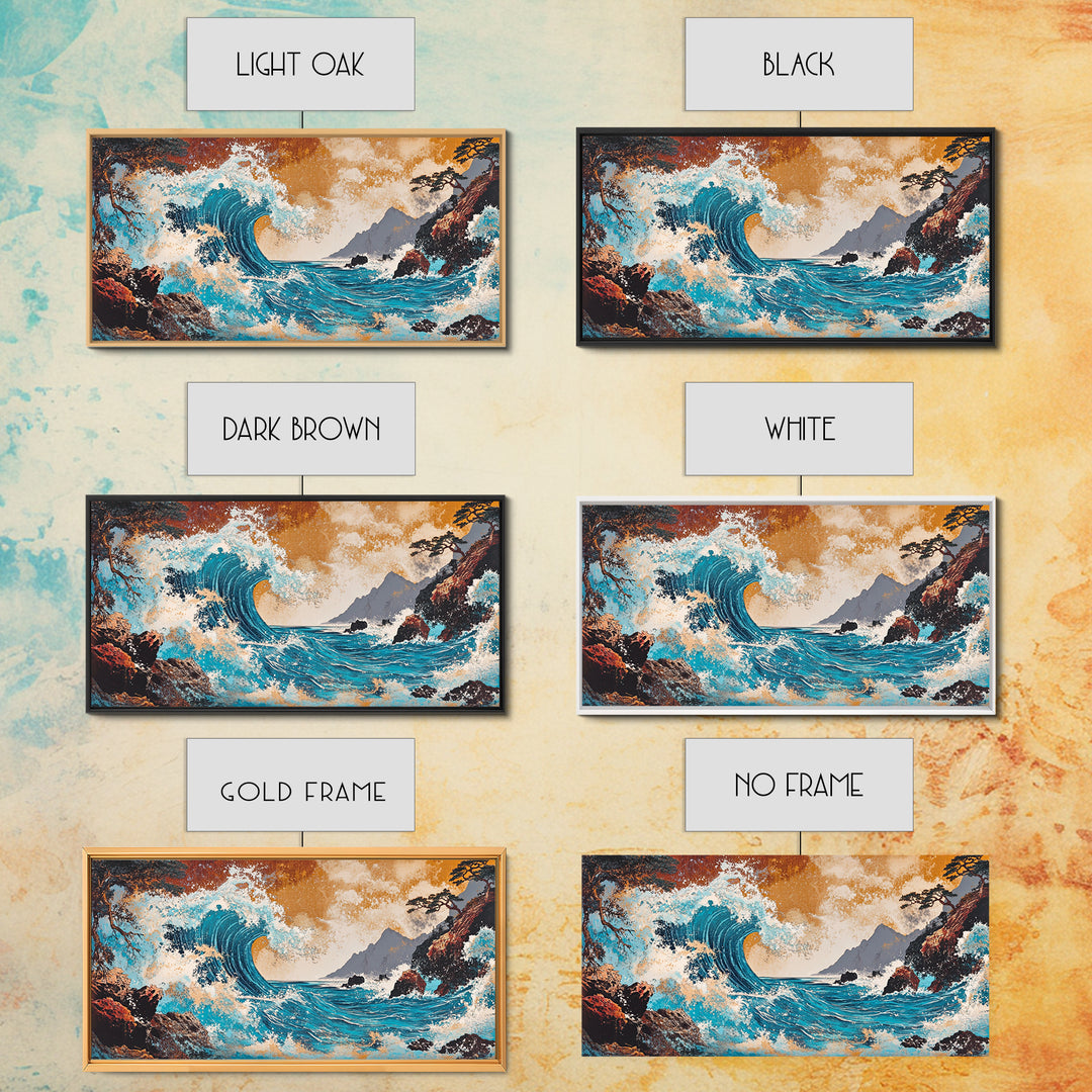 Crashing Turquoise Wave Between Rocky Cliffs Canvas Print, Japanese Ocean Wall Art, Dramatic Coastal Home Decor For Living Room