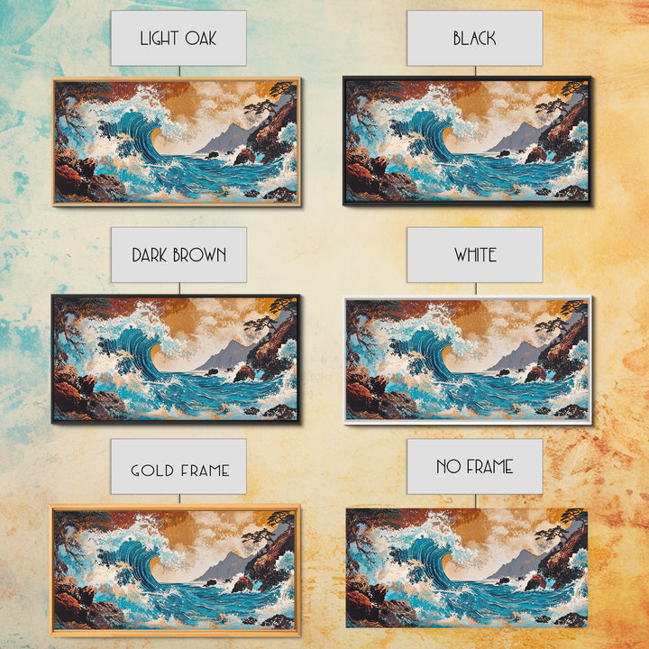 Crashing Turquoise Wave Between Rocky Cliffs Canvas Print, Japanese Ocean Wall Art, Dramatic Coastal Home Decor For Living Room