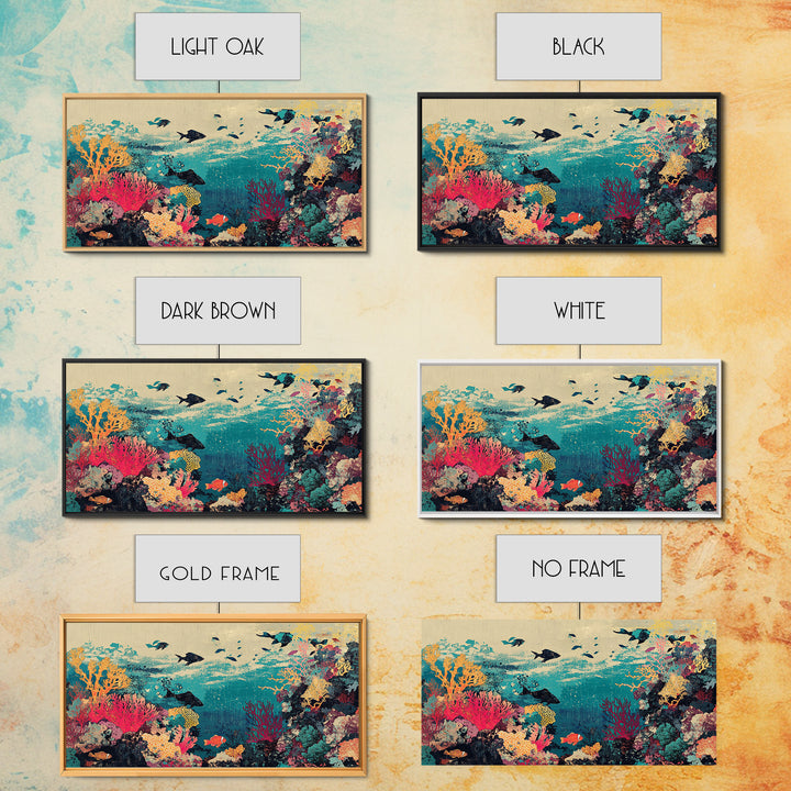 Vibrant Coral Reef Fish And Sharks Wall Art, Coastal Ocean Canvas Decor, Tropical Sea Life Print, Beach House Gift, Living Room Decor