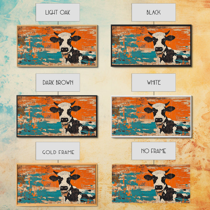 Black And White Cow On Orange Teal Rustic Canvas Print, Farmhouse Wall Art, Kitchen Decor, Country Home Decor Gift For Farmhouse Style