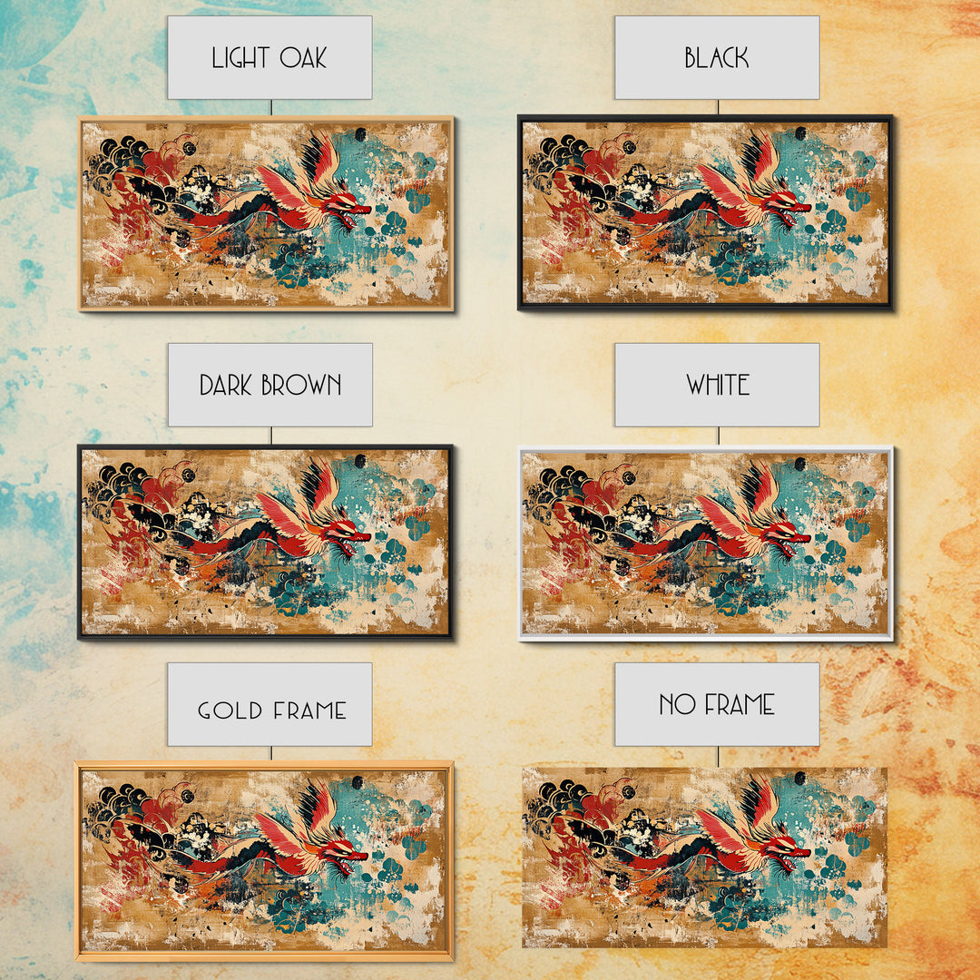 Red Asian Dragon With Teal Grunge Wall Art, Japanese Canvas Print, Fantasy Decor, Vibrant Statement Artwork Gift For Him