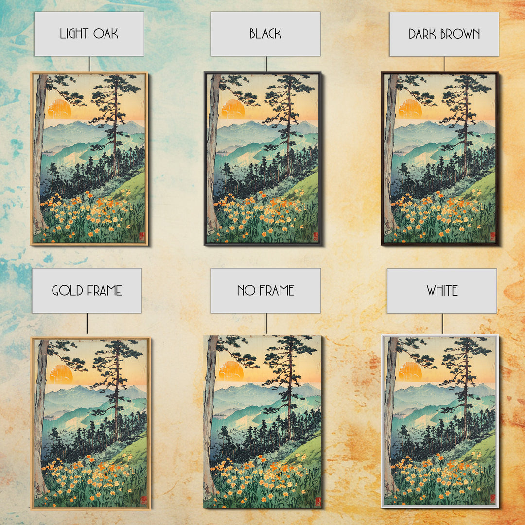 Orange Sun Mountain Forest With Wildflowers Wall Art, Japanese Woodblock Landscape Print, Nature Decor, Living Room Art Print