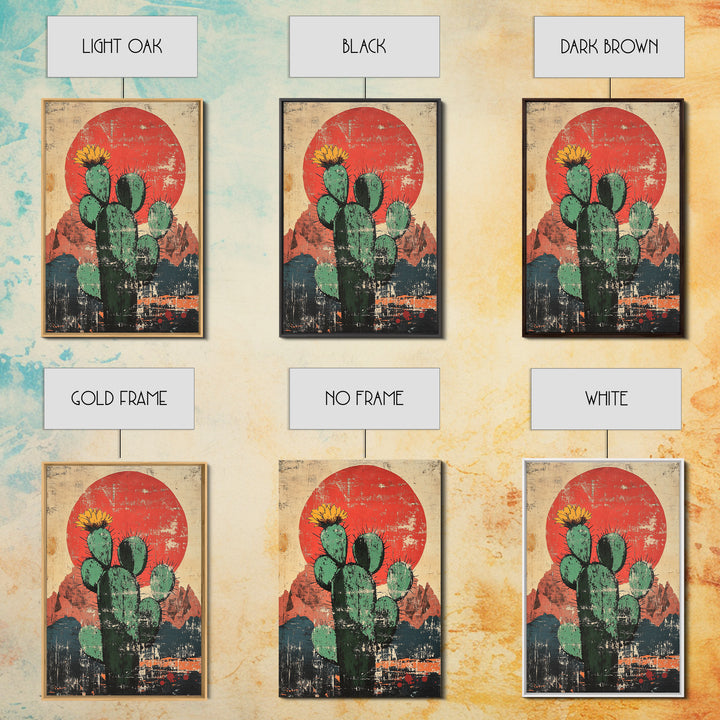 Blooming Prickly Pear Cactus At Red Sun Canvas Print, Southwestern Desert Wall Decor, Boho Western Home Decor, Arizona Art, Rustic Decor