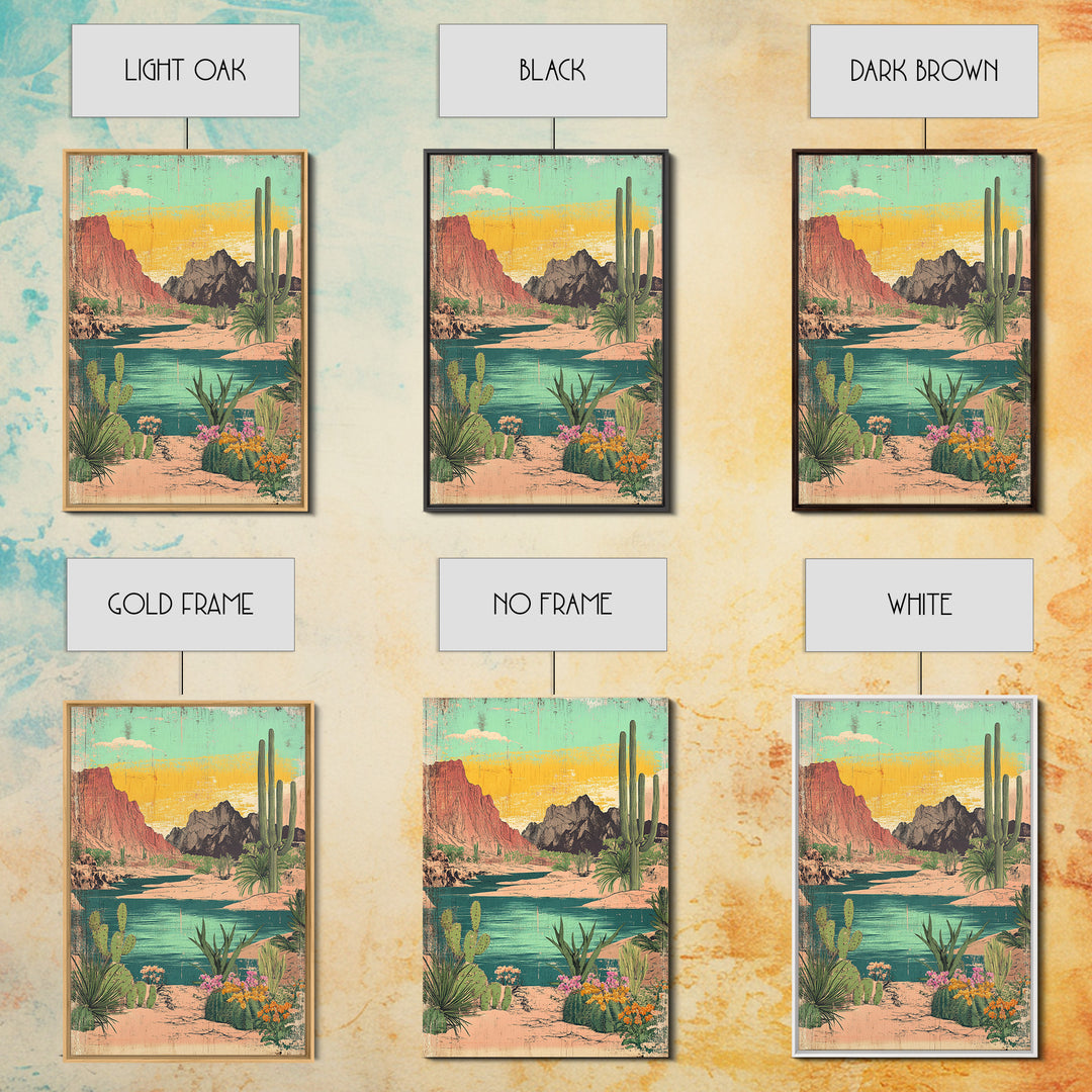 Turquoise Desert River Canyon With Saguaro Cactus Wall Art, Southwestern Landscape Print, Arizona Home Decor, Boho Decor