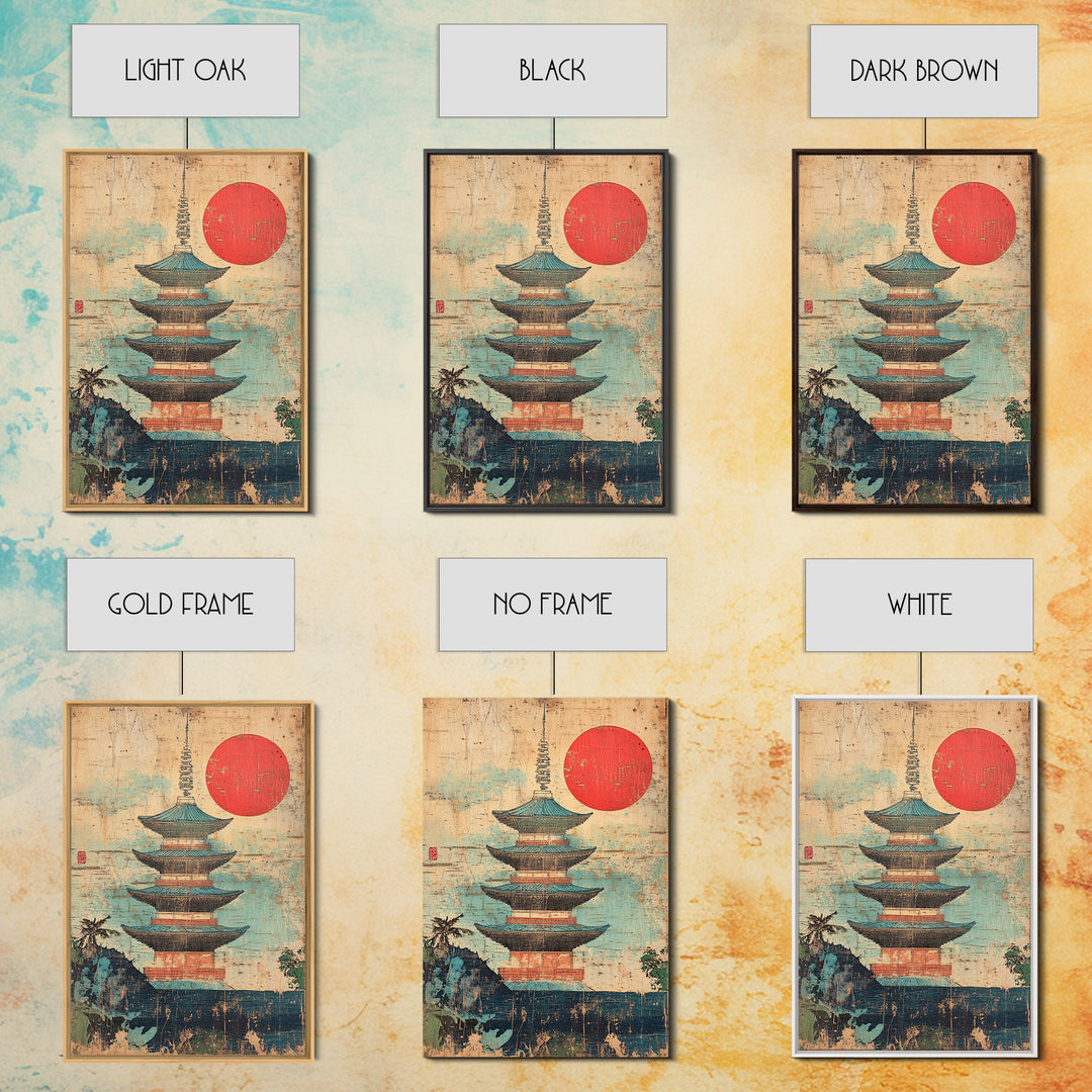 Japanese Pagoda Temple With Red Sun Framed Canvas Print, Asian Wall Art, Japandi Home Decor, Meditation Room Decor, Zen Wall Decor