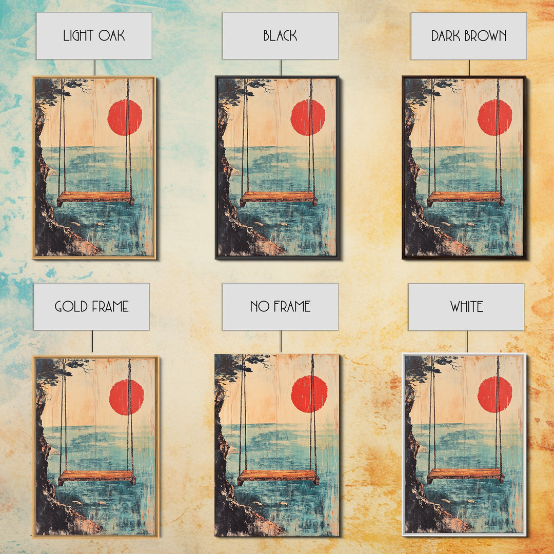 Minimal Japanese Ocean Swing Wall Art, Red Sun Coastal Print, Japandi Wall Decor, Beach House Decor, Calming Canvas Print