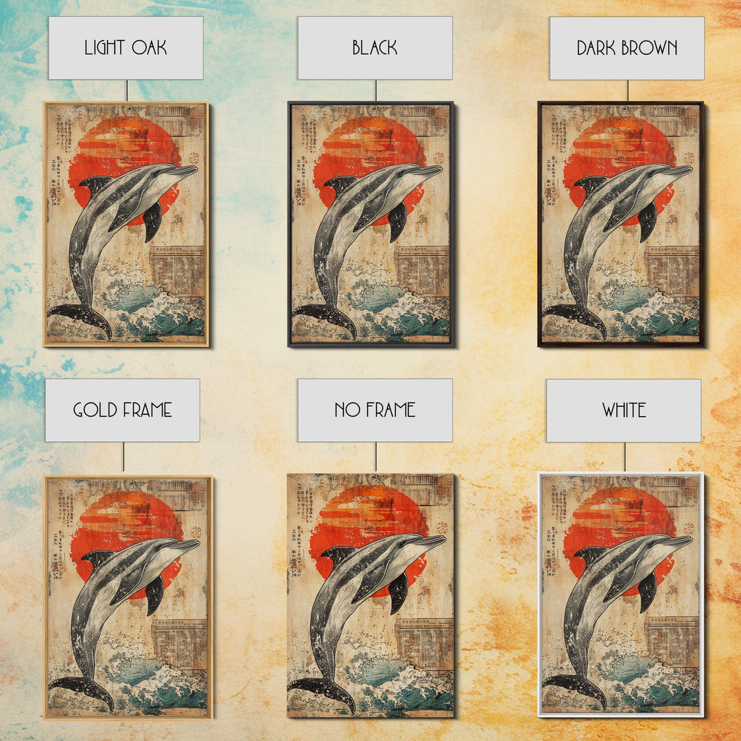 Leaping Dolphin Red Sun Wall Art, Japanese Ocean Print, Nautical Coastal Decor, Sea Life Artwork, Bathroom Canvas Print Gift