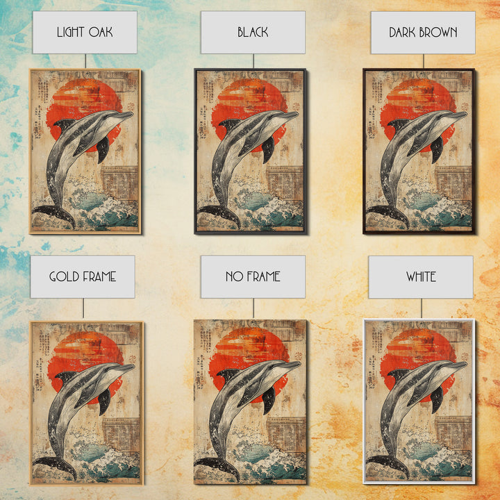 Leaping Dolphin Red Sun Wall Art, Japanese Ocean Print, Nautical Coastal Decor, Sea Life Artwork, Bathroom Canvas Print Gift