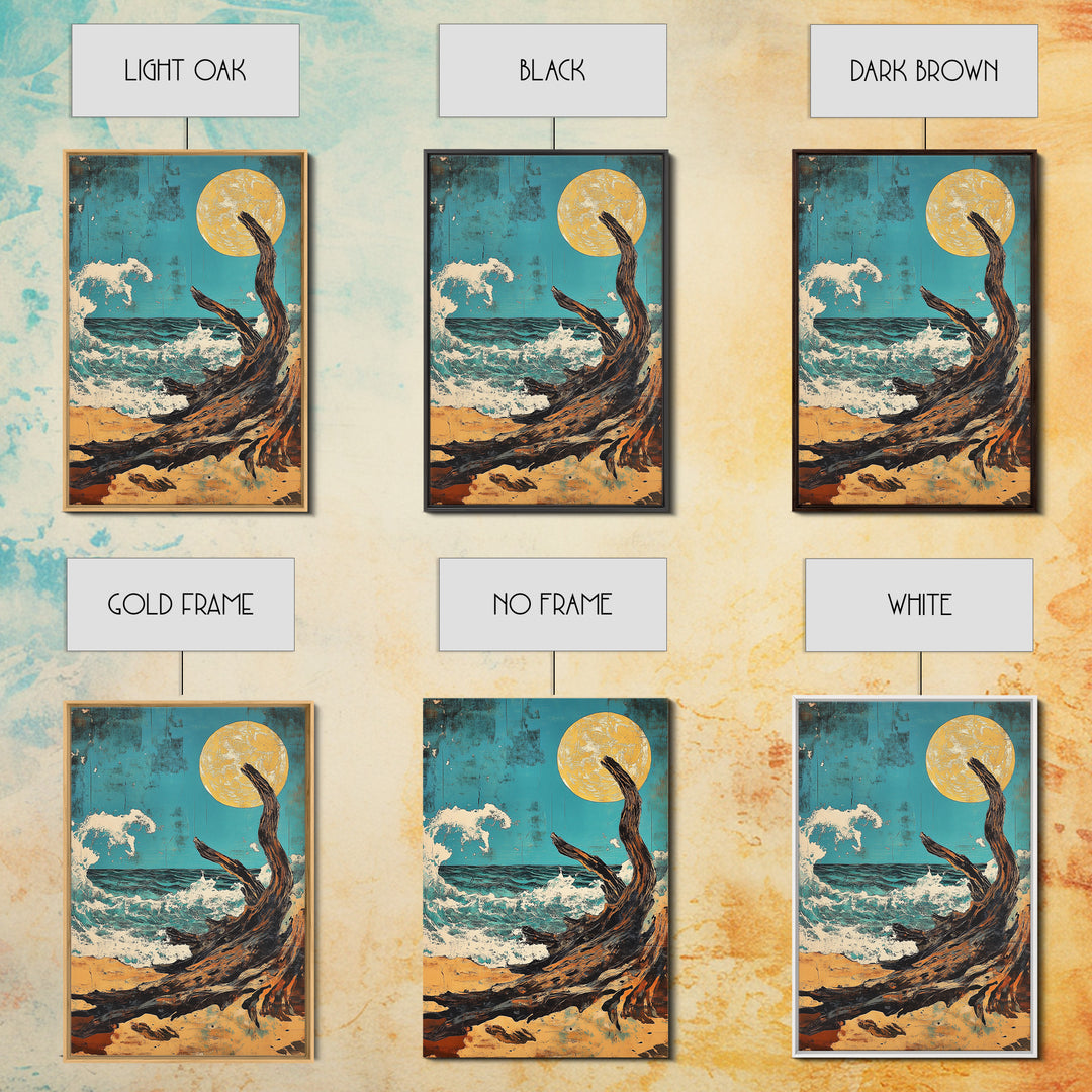 Driftwood Moonlit Ocean Waves Canvas Print, Japanese Coastal Wall Decor, Beach House Art, Teal Nautical Living Room Decor