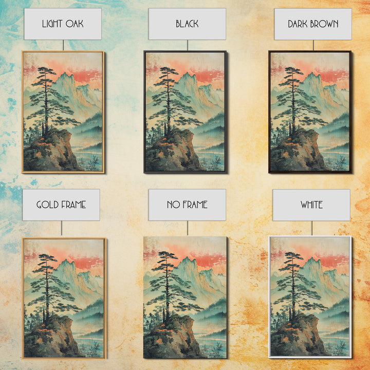 Misty Pine Cliff And Mountain Lake Wall Art, Japanese Landscape Print, Nature Wall Art, Serene Wall Art, Japandi Home Decor