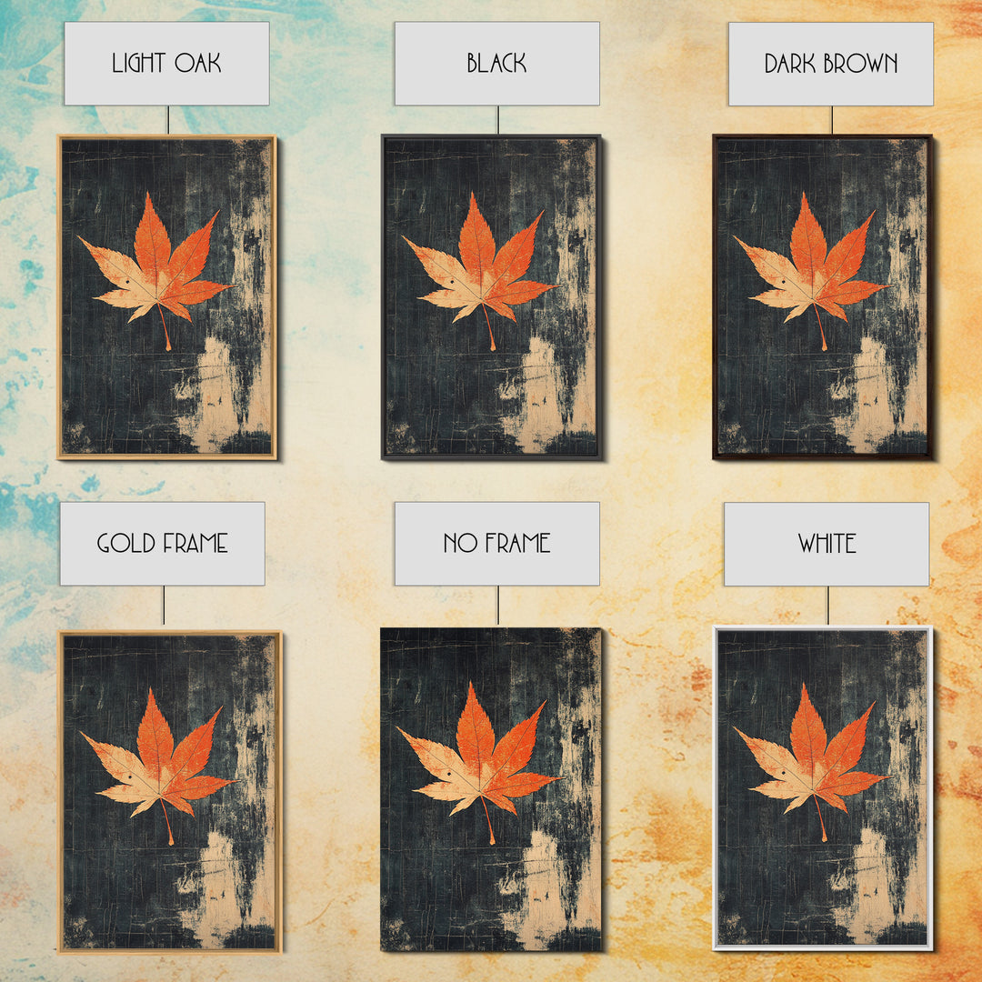 Orange Maple Leaf On Dark Texture Canvas Print, Autumn Wall Art, Botanical Print, Minimalist Decor, Nature Wall Art, Fall Decor
