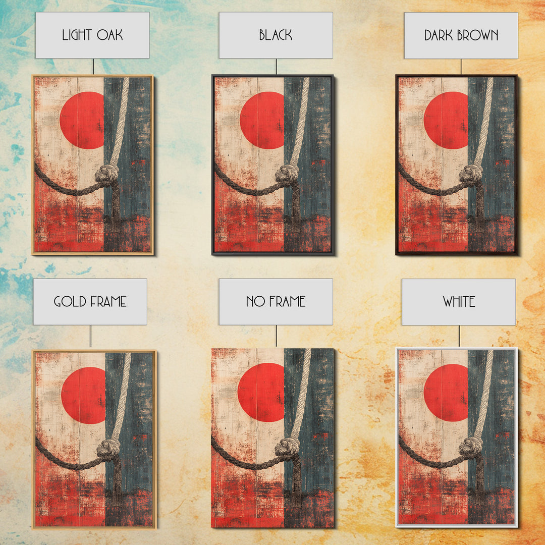 Nautical Rope Knot Wall Art, Red Sun Japanese Abstract Canvas Print, Coastal Decor, Masculine Office Wall Decor, Modern Home Decor
