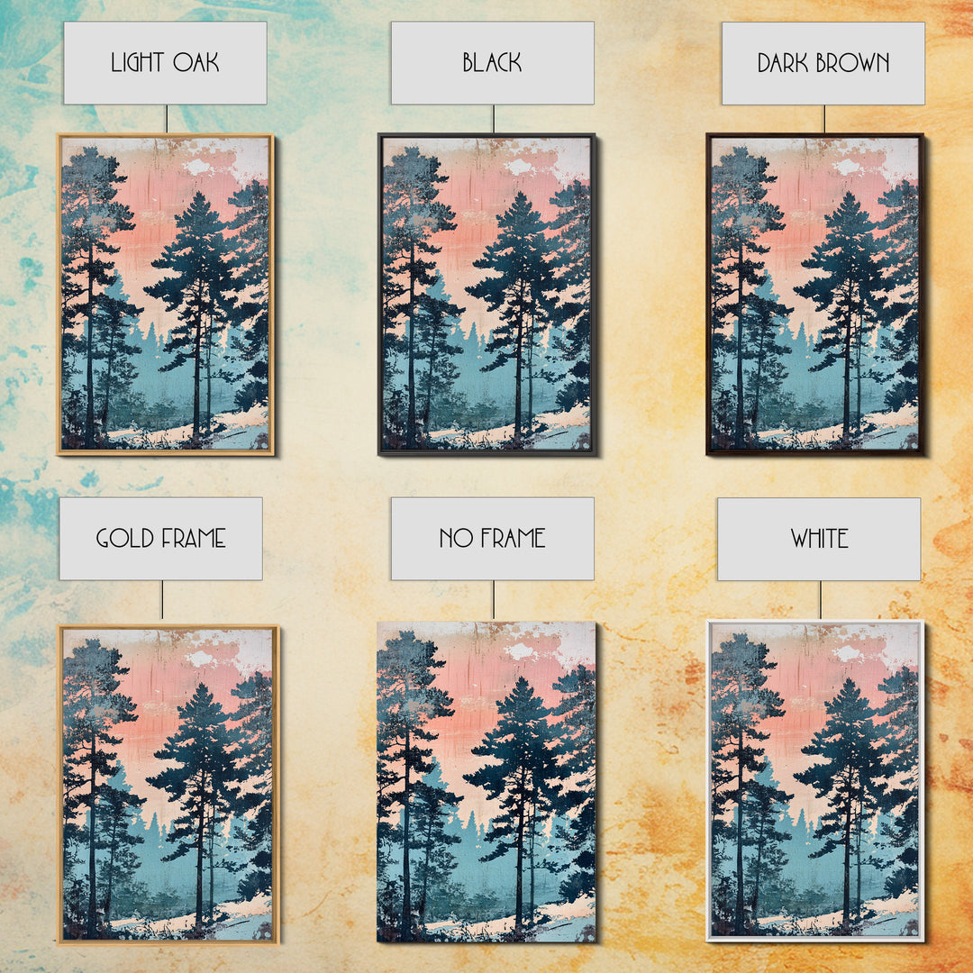 Misty Pine Forest Sunrise Wall Art, Pink Blue Nature Landscape Print, Scandinavian Decor, Calming Bedroom Or Office Decor