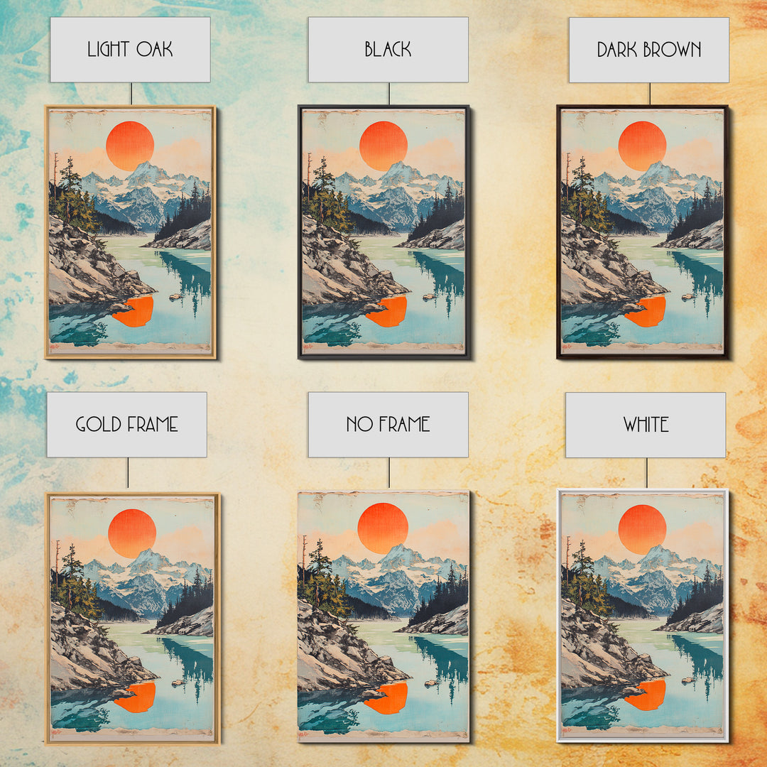 Alpine Lake And Snowy Mountains Wall Art, Orange Sun Landscape Print, Scandinavian Nature Decor, Large Canvas Print For Living Room