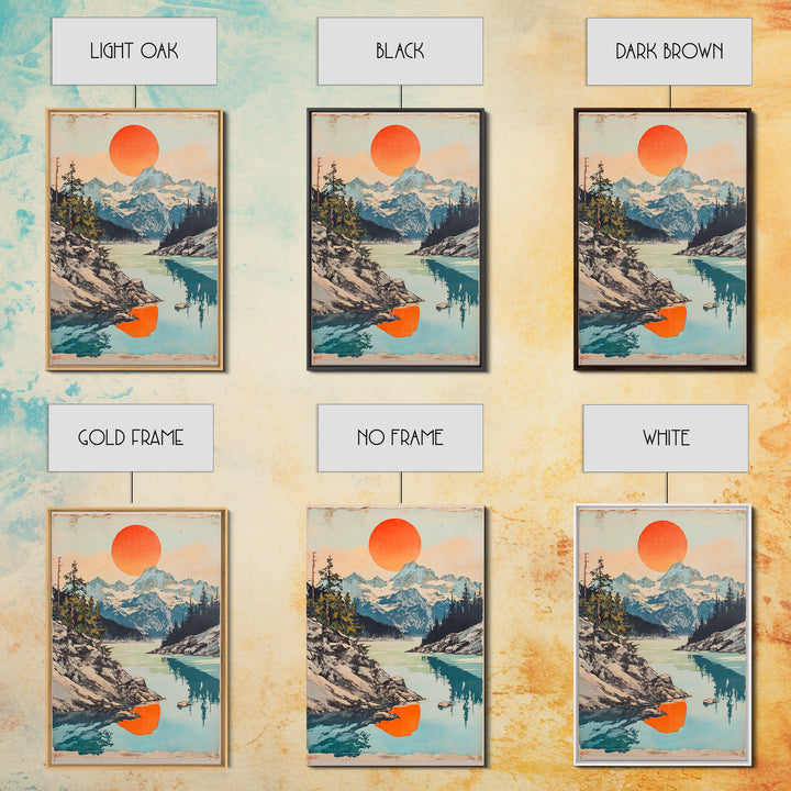 Alpine Lake And Snowy Mountains Wall Art, Orange Sun Landscape Print, Scandinavian Nature Decor, Large Canvas Print For Living Room