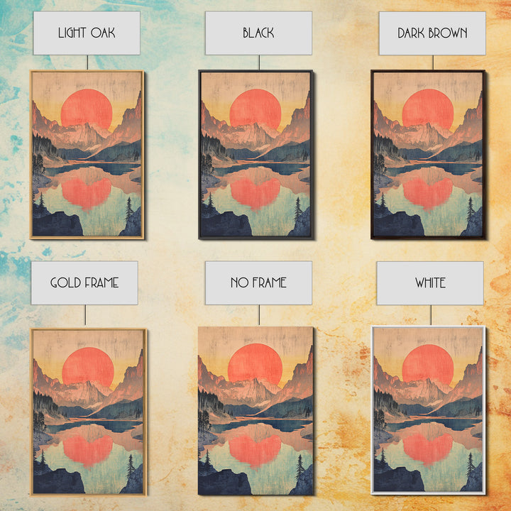 Red Sun Mountain Lake Wall Art, Japanese Landscape Print, Retro Nature Poster, Scenic Living Room Decor, Large Canvas Art