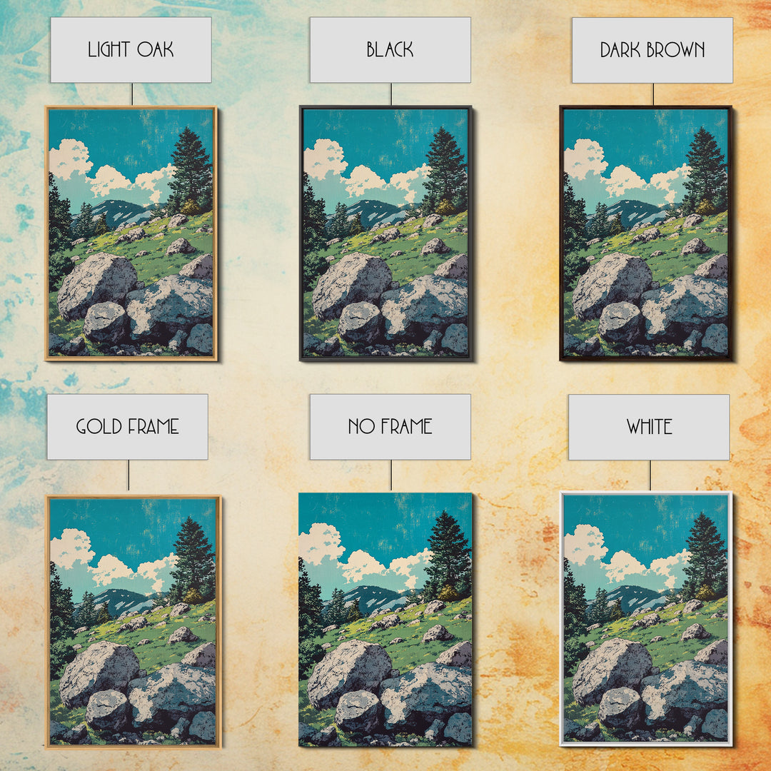 Alpine Meadow Boulder Wall Art, Mountain Landscape Print, Rustic Cabin Decor, Nature Poster, Large Canvas Art For Living Room