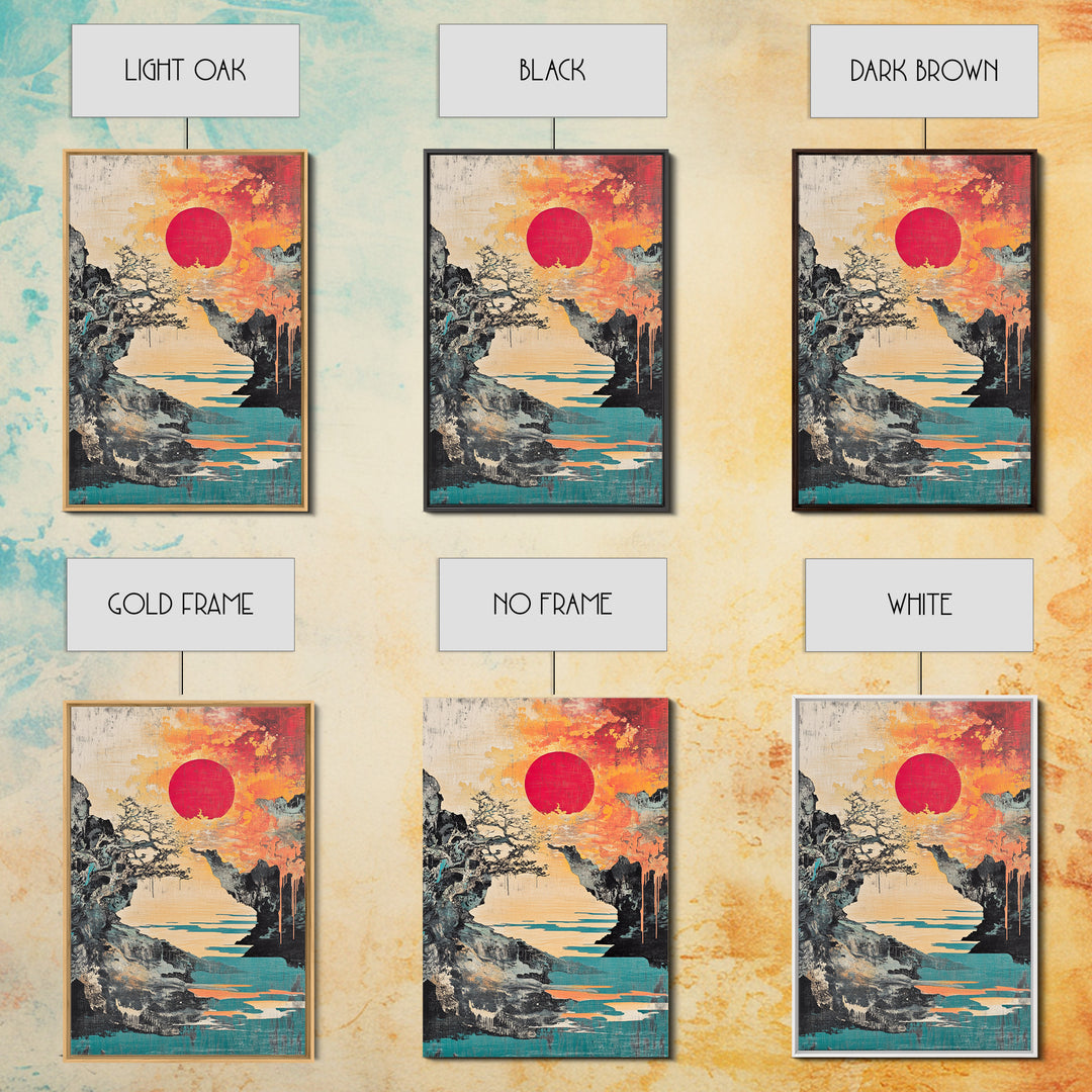 Dramatic Rocky Cove Sunset Red Sun Canvas Print, Japanese Mountain Landscape Art, Coastal Wall Decor, Modern Japandi Living Room Art