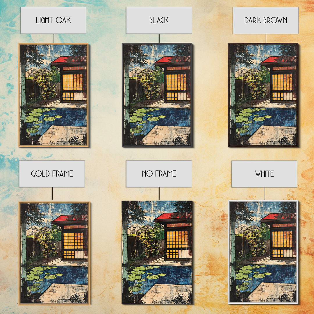 Japanese Tea House By Koi Pond And Glowing Garden Wall Art, Japandi Canvas Print, Zen Home Decor, Serene Living Room Decor