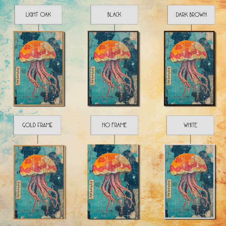 Vibrant Jellyfish In Teal Sea Wall Art, Japanese Marine Life Canvas Print, Nautical Bathroom Decor, Colorful Ocean Art Print