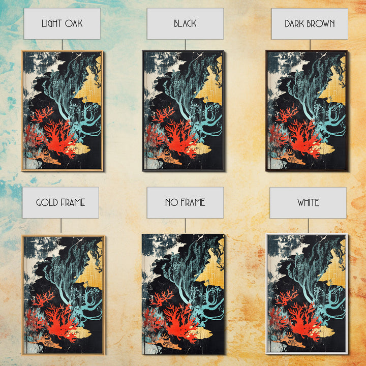 Red Coral And Teal Seaweed Wall Art, Japanese Ocean Canvas Print, Coastal Bathroom Decor, Abstract Marine Life Art Print