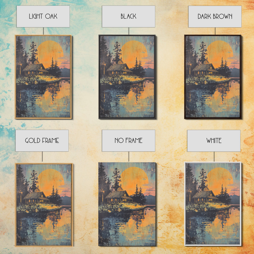 Moonlit Cabin Lake Wall Art, Forest Reflection Canvas Print, Rustic Landscape Poster, Cozy Lodge Living Room Decor, Home Decor