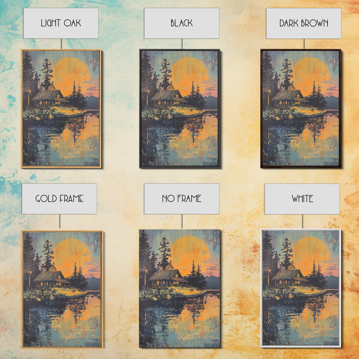 Moonlit Cabin Lake Wall Art, Forest Reflection Canvas Print, Rustic Landscape Poster, Cozy Lodge Living Room Decor, Home Decor