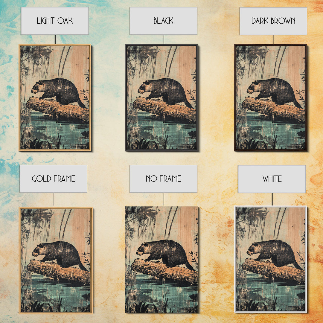 Black Bear On Log Wall Art, Rustic Wildlife Painting Style, Woodland Animal Decor, Cabin Nature Art Print For Living Room
