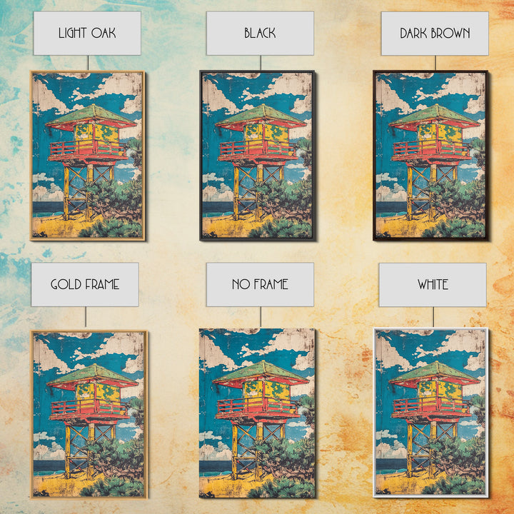 Colorful Beach Lifeguard Tower Wall Art, Retro Coastal Travel Poster, Tropical Ocean Decor, Summer Beach House Art Print