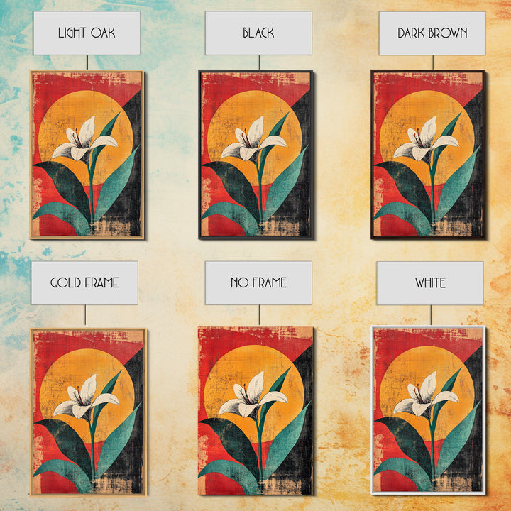 White Lily Flower Canvas Print, Bold Red Yellow Botanical Wall Decor, Mid Century Floral Art Print For Modern Living Room