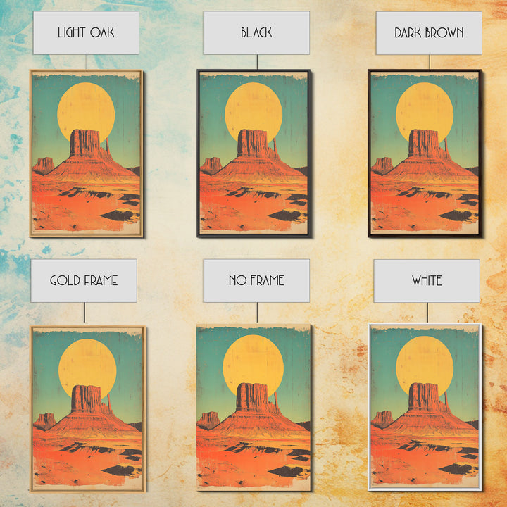 Desert Mesa With Golden Sun Canvas Print, Southwestern Wall Art, Retro Western Landscape Poster, Boho Earth Tone Decor Gift