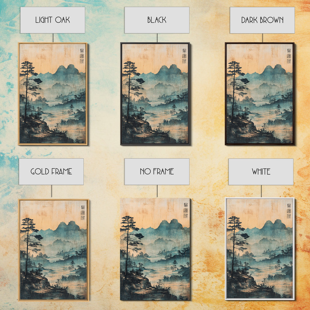 Blue Mist Mountain Landscape Wall Art, Japanese Ink Painting Print, Zen Nature Wall Decor, Japandi Living Room Decor Gift