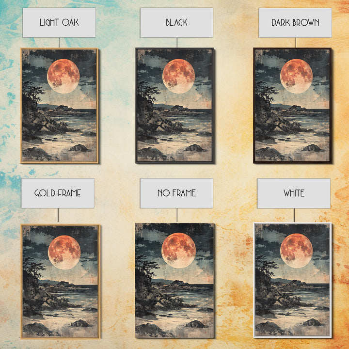 Full Moon Rocky Coast Canvas Print, Japanese Seascape Wall Art, Moody Wall Decor, Coastal Wall Art, Dark Academia Decor