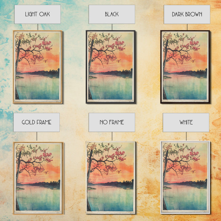 Cherry Blossom Lake Wall Art, Japanese Sunset Canvas Print, Serene Landscape Decor, Pink Floral Art, Bedroom Wall Decor Print
