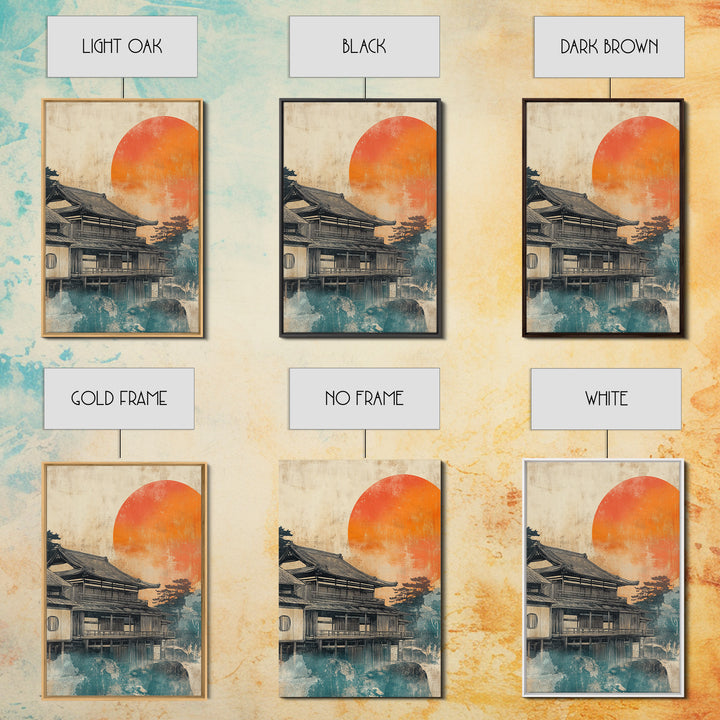 Japanese Tea House Framed Canvas Print, Orange Sun Wall Art, Ukiyo E Landscape Decor, Japandi Art, Modern Living Room Decor