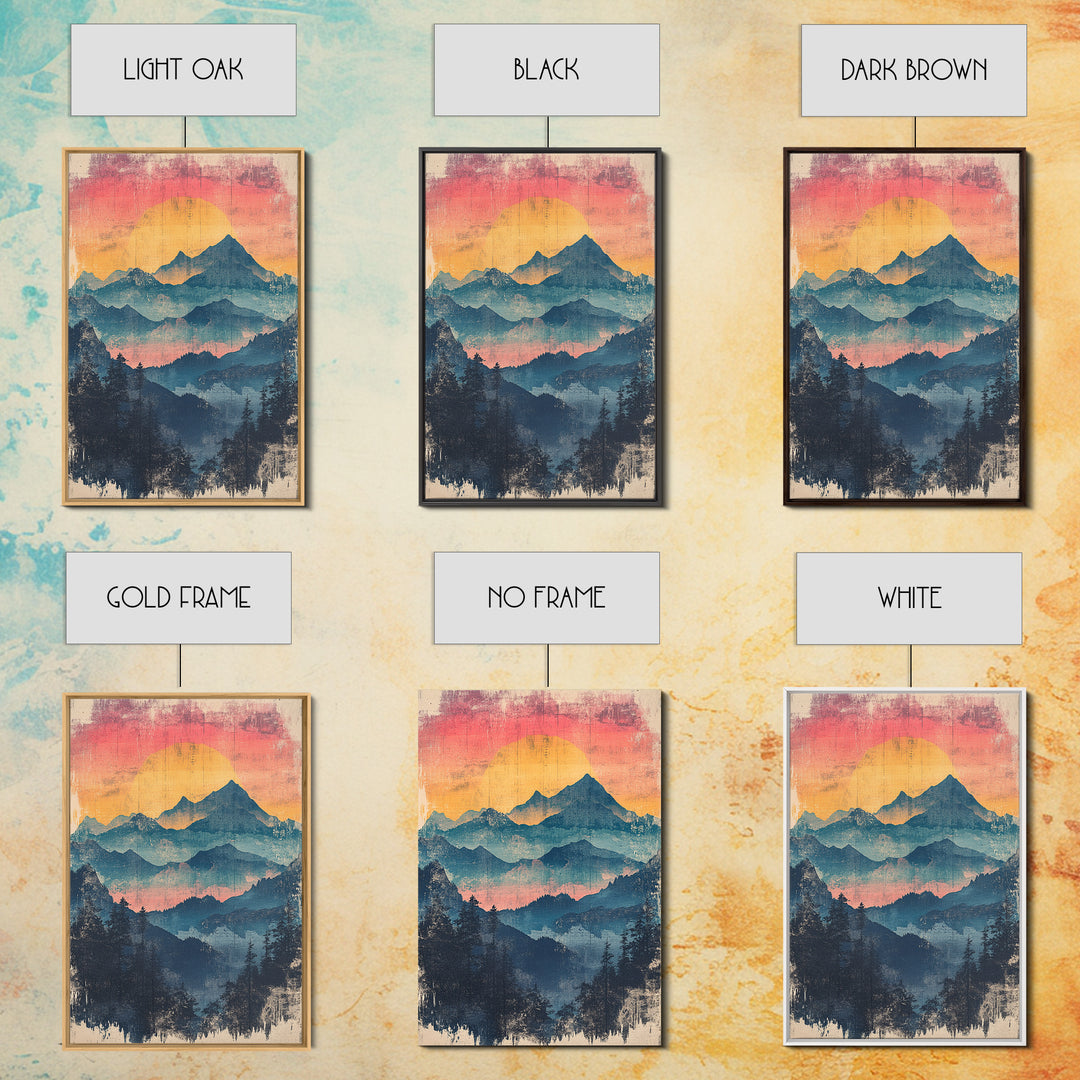Misty Blue Mountain Sunset Wall Art, Layered Forest Landscape Print, Rustic Cabin Decor, Large Nature Living Room Art Gift