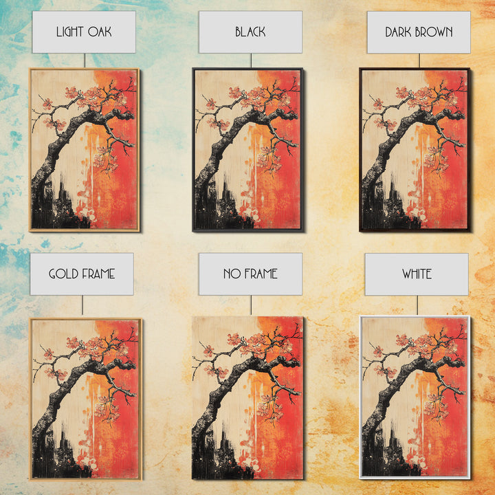 Cherry Blossom Branch Canvas Print, Japanese Floral Wall Art, Red Orange Botanical Decor, Japandi Living Room Art Gift Print