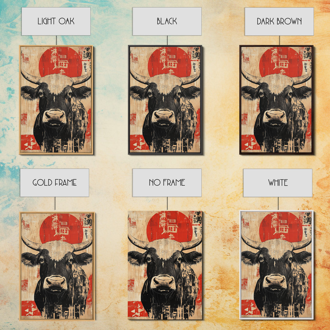 Black And White Bull With Red Sun Wall Art, Japanese Farm Animal Print, Rustic Asian Decor, Bold Kitchen Wall Decor Gift