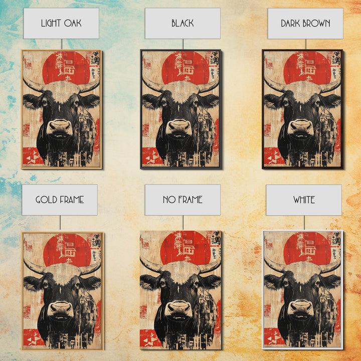 Black And White Bull With Red Sun Wall Art, Japanese Farm Animal Print, Rustic Asian Decor, Bold Kitchen Wall Decor Gift