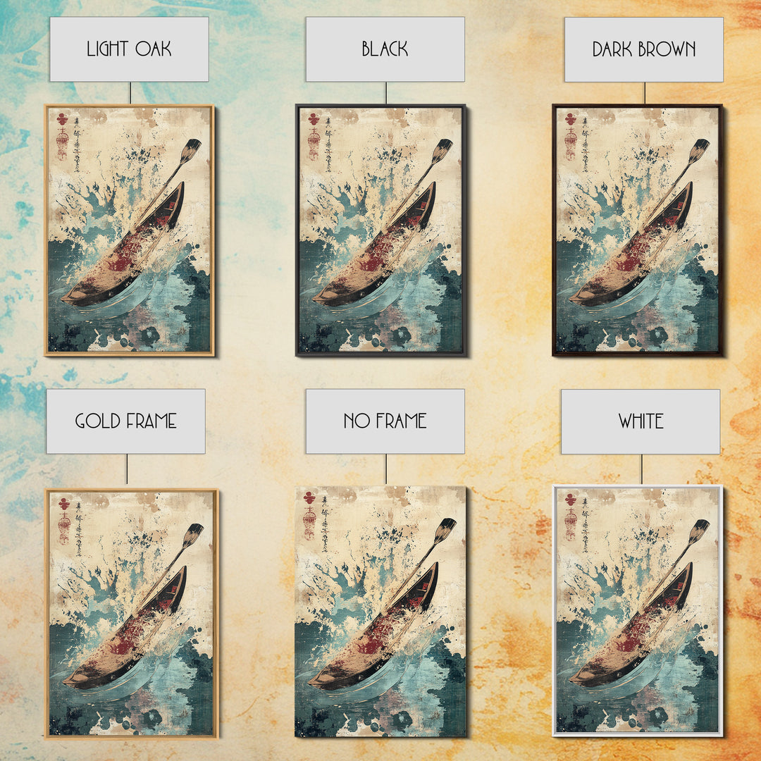 Canoe And Paddle Splash Canvas Print, Japanese Nautical Wall Art, Blue Ocean Decor, Adventure Travel Poster Gift For Coastal Home