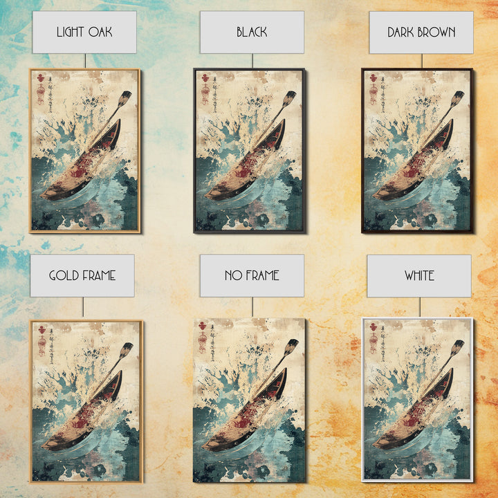 Canoe And Paddle Splash Canvas Print, Japanese Nautical Wall Art, Blue Ocean Decor, Adventure Travel Poster Gift For Coastal Home