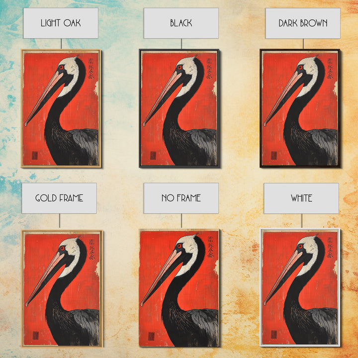 Black Necked Crane Bird On Red Japanese Canvas Print Wildlife Wall Art, Asian Decor, Bold Animal Art Poster Gift For Bird Lovers