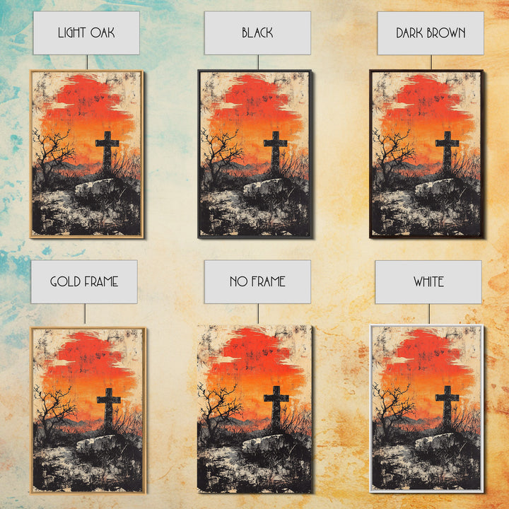 Black Cross At Fiery Sunset Framed Canvas Print, Christian Wall Art, Rustic Landscape, Faith Gift, Moody Home Decor Art
