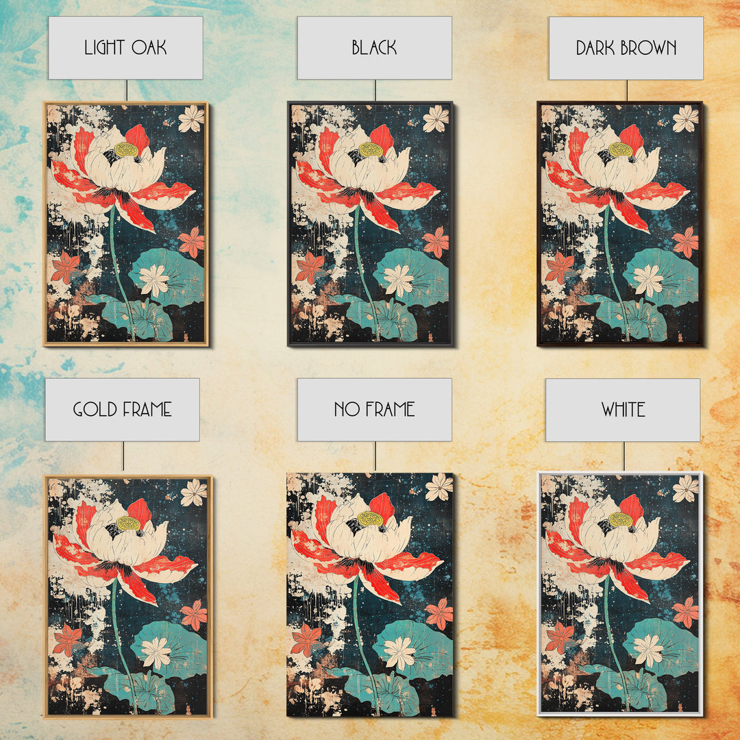 Red And White Lotus Flower Wall Art, Japanese Botanical Print, Dark Floral Decor, Teal Pond Leaves, Modern Canvas Print Gift