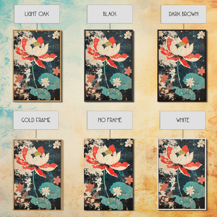Red And White Lotus Flower Wall Art, Japanese Botanical Print, Dark Floral Decor, Teal Pond Leaves, Modern Canvas Print Gift